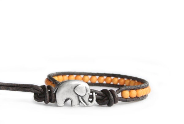 Golden Yellow Beaded Leather Wrap Bracelet - the lucky elephant Original with Good Luck Elephant Button