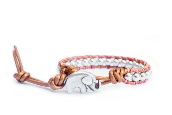 Indian Sun Beaded Leather Wrap Bracelet - the Lucky Elephant Original with Silver Pewter, Rainbow String & GOOD LUCK ELEPHANT Button