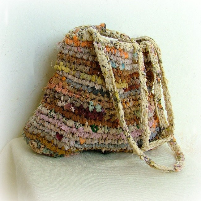 Rag crochet bag - nature scene - gorgeous desert colors fabric bag - recycled carpet