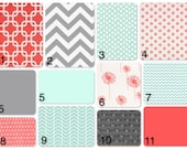 Custom Crib Bedding - 2 piece Set - coral grey and mint
