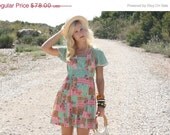 20% Off MEMORIAL DAY SALE Vtg 1970s 70s Patchwork & Floral Print Hippie Mini Dress w/ Waist Tie S