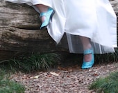 Size 8.5 slightly wide, Ready to Ship, Round Toe Near Ankle Strap Shoes,  Teal Blue with Recycled Rubber Soles