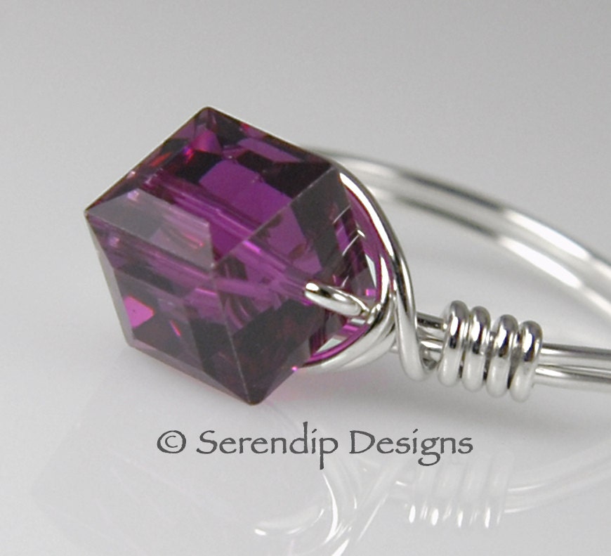 Sterling Silver Fuchsia Pink Purple Crystal Cube Ring Custom