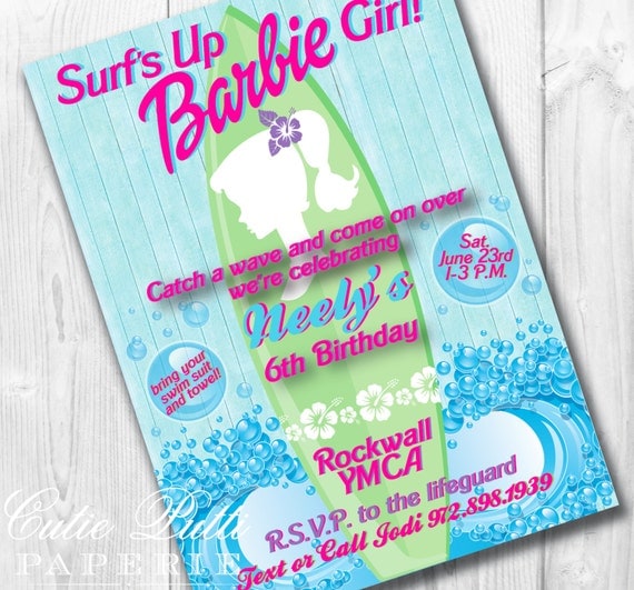 Girls Surf Party, Barbie Inspired Party - PRINTABLE CUSTOMIZED INVITATION - Cutie Putti Paperie Il_570xn