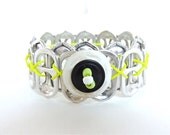 Soda Tab and Button Bracelet - black and yellow/green - for girls, teens, and women - eco-friendly/recycled jewelry - under 10.00