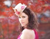 White Mini Top Hat with Pink Roses and Velvet Leaves - BELLA