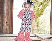 NEW ..Custom Boutique Clothing Girls Vintage Rust and Blue Aline Tunic Ruffle Dress Dress.. Sizes 6m-6 baby toddler girl
