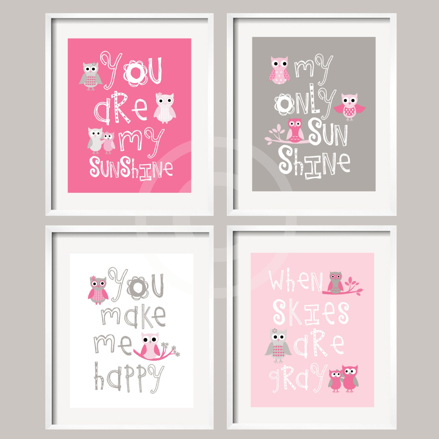 Kids Wall Art Pink and Gray Nursery Decor Prints - You Are My Sunshine - Owl Art -  8x10 - baby shower gift, for boy or girl