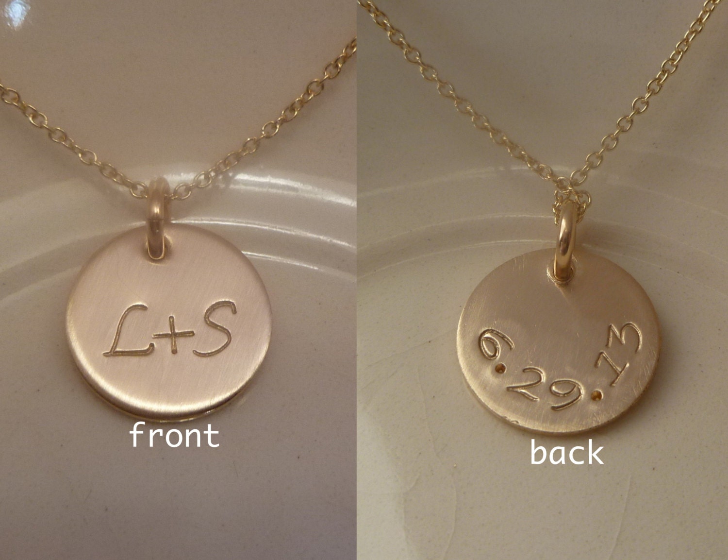 Date on Back - Gold Disc Necklace - 1/2"  - Double Sided Gold-filled- Couple's Initials - Bridal Gift - Wedding Date - front - back