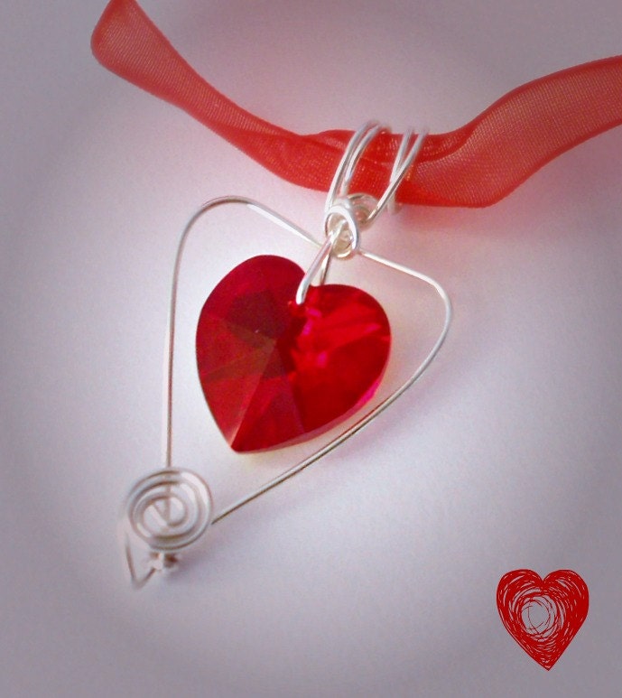 Red Wire Wrapped Swarovski Heart Necklace