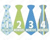 Monthly Onesie Tie Baby Stickers - Wesley - Modern Boy in Blues and Greens - Great Baby Shower Gift and Photo Prop