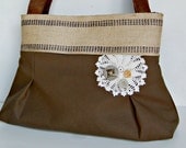 Brown, button,  burlap and lace Handbag