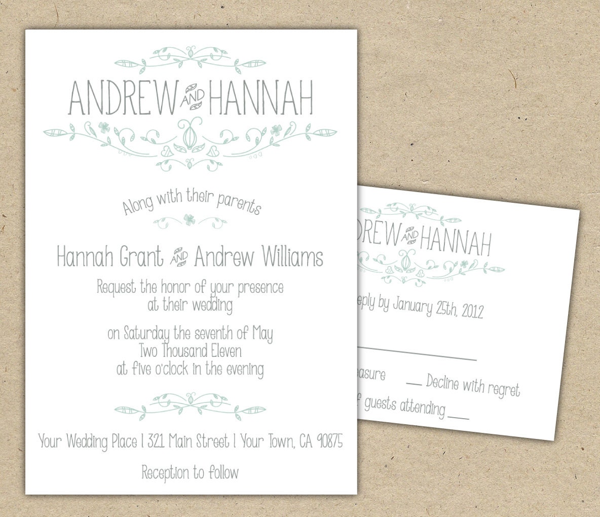 Vintage Wedding Invitation and RSVP -Printable DIY. printed country chic outdoor wedding (1054)