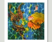 GICLEE Print-Of Original Painting-SILK Painting-Acrylic Painting-FISHES-Lotus-Koi -8.5inX11in