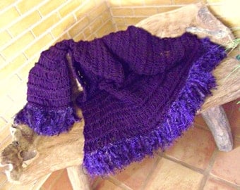 Afghan Blanket Throw, Knit Purple with Short Fringe