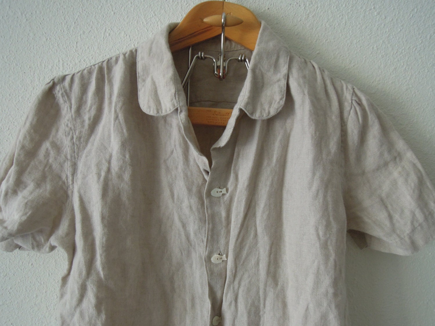 Handmade Linen Button Down Blouse with Mother of Pearl Fish Buttons Size Small