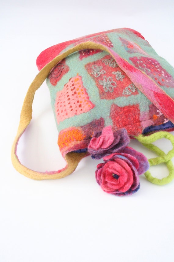 Felt Purse Bag Handbag in Teal Red Grey Orange Felted Flowers