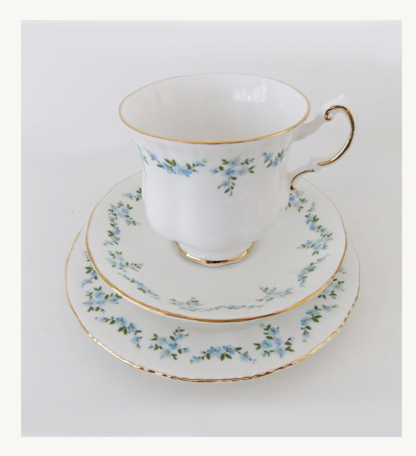 Blue China Tea set.  Royal Standard China.  English China Tea Cup,  Saucer and Plate. China Trio. Sweet and Blue. Tea for One.