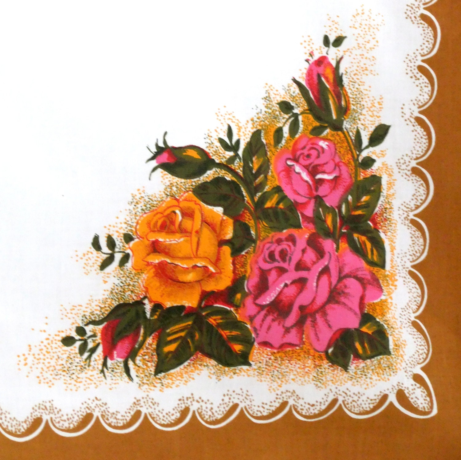 Vintage tablecloth - Retro Table Cover - Irish Linen MillsTableware -pink and gold /orange roses - Floral Tablecloth - Wedding Table Cover