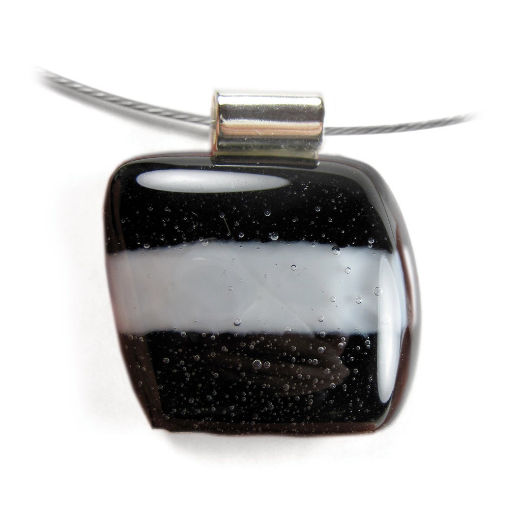 Black and White Recycled Glass Pendant Necklace with Magnetic Closure