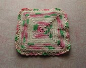 Handmade Vintage Crocheted Potholder, 1930s, 1940s, Pink, Green, Cream, Antique Home Decor,