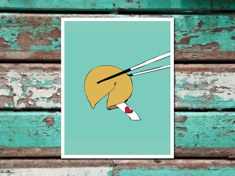 Fortune Cookie Chopstick Comic Illustration Love Blue Red Black Art Print