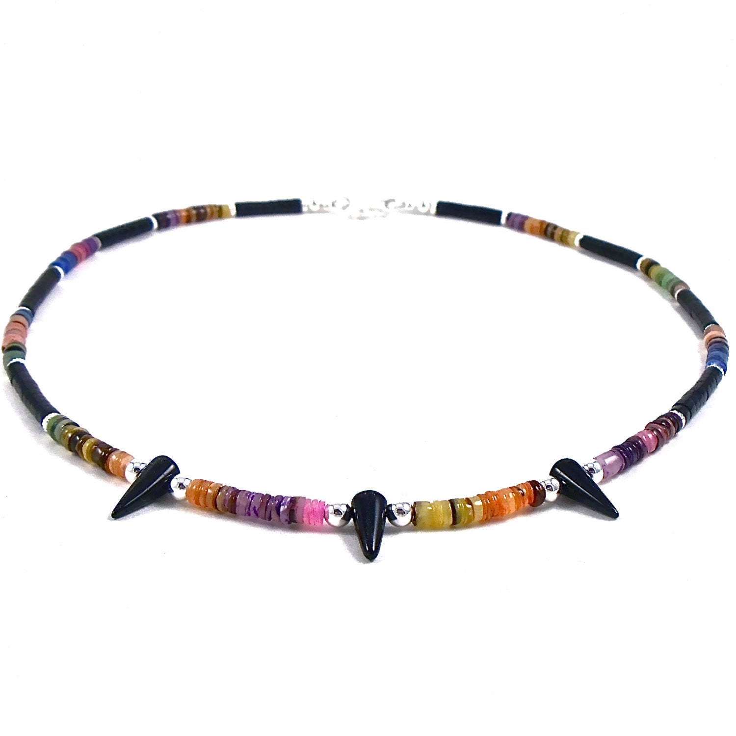 Beaded Necklace Rainbow Heishi Shell Beads Czech Glass Black Spike Imitation Jet - Made to Order
