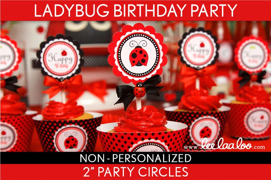 Ladybug Birthday Party - 2 inch Party Circles & Bonus: Cupcake Wrappers NonPersonalized Printable // ladybug - B35Nd