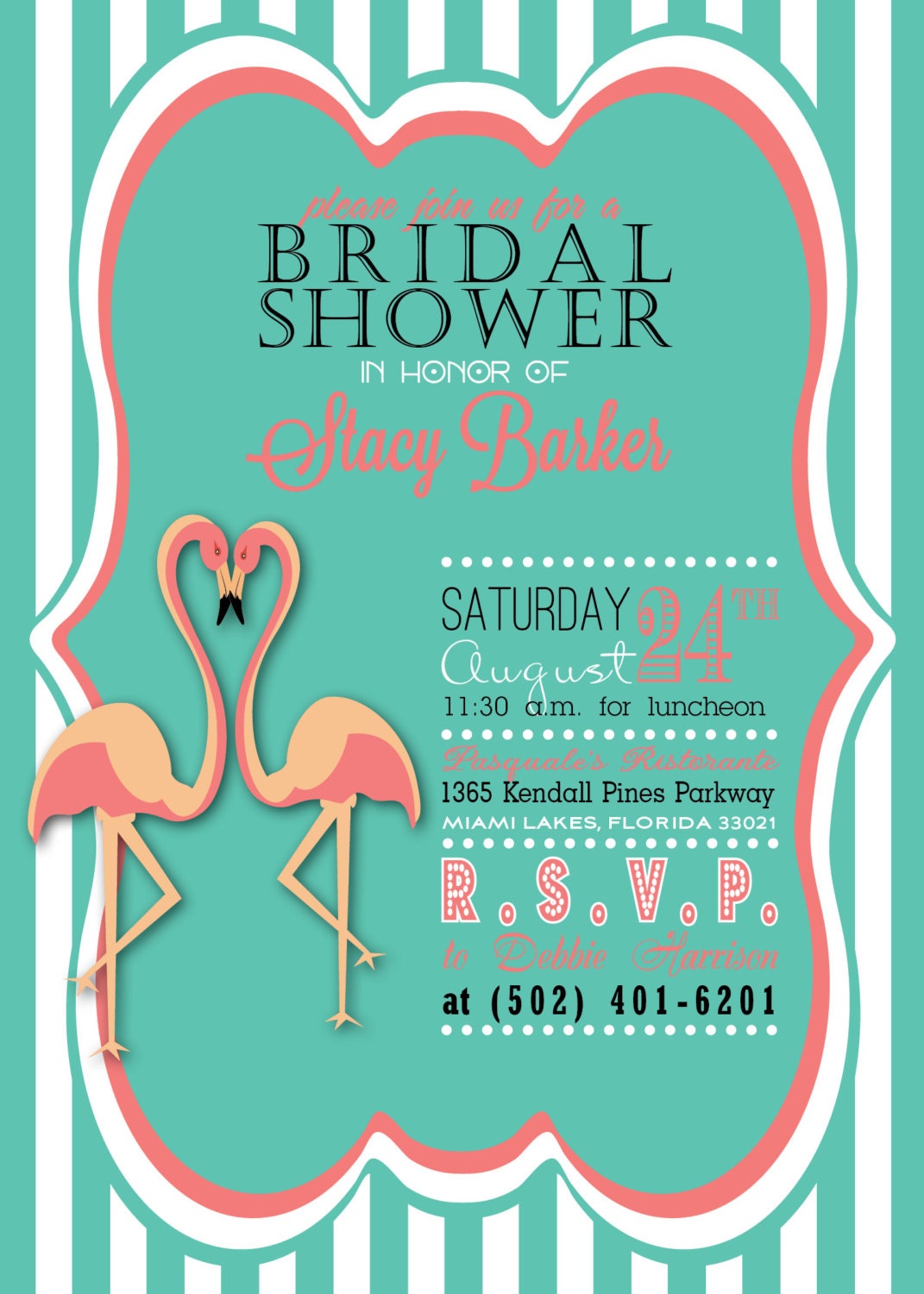 Adorable Flamingo wedding or bridal shower invitation teal pink blue or coral DIY available