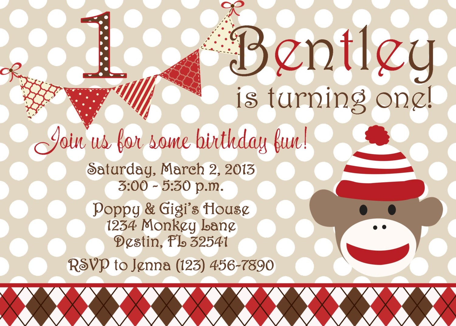Sock Monkey 5x7 Birthday Party Invitation - Boy Printable Il_570xn