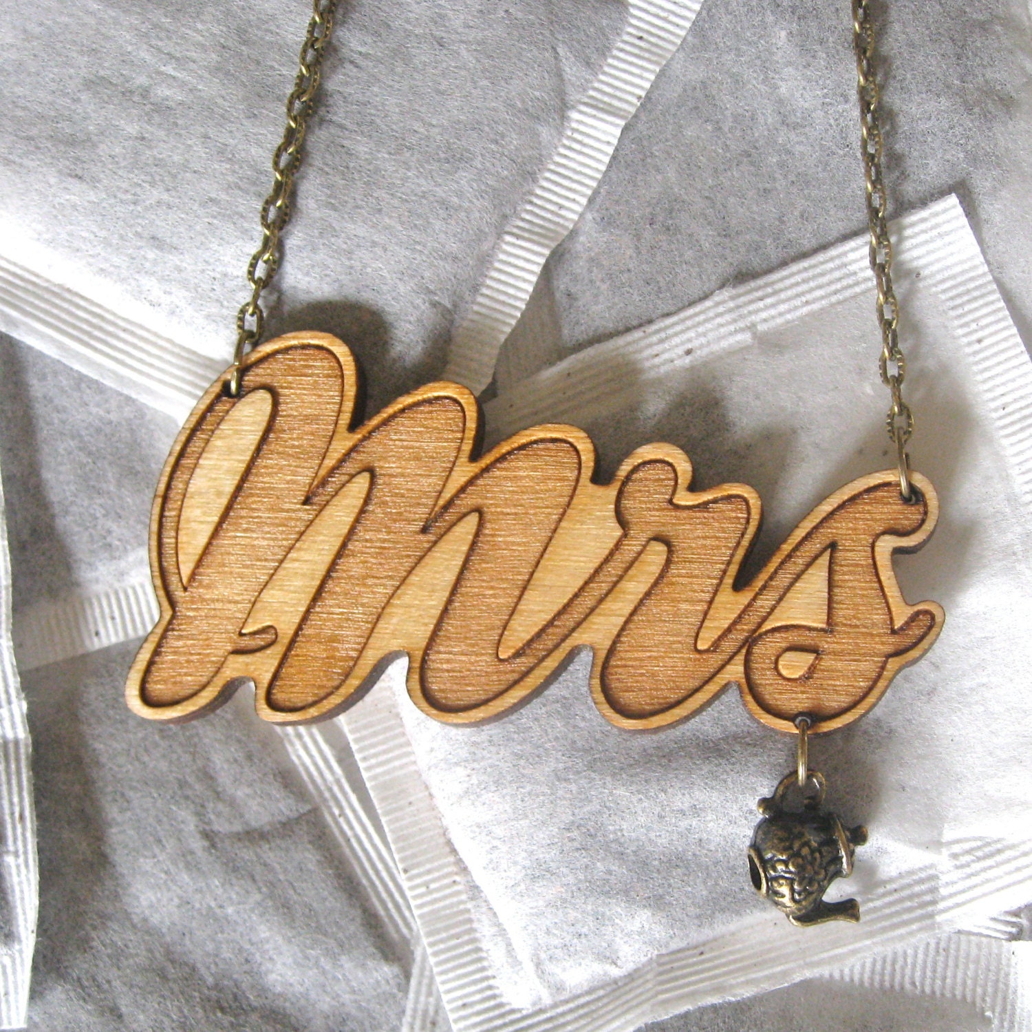 Mrs laser cut wooden necklace with teapot charm
