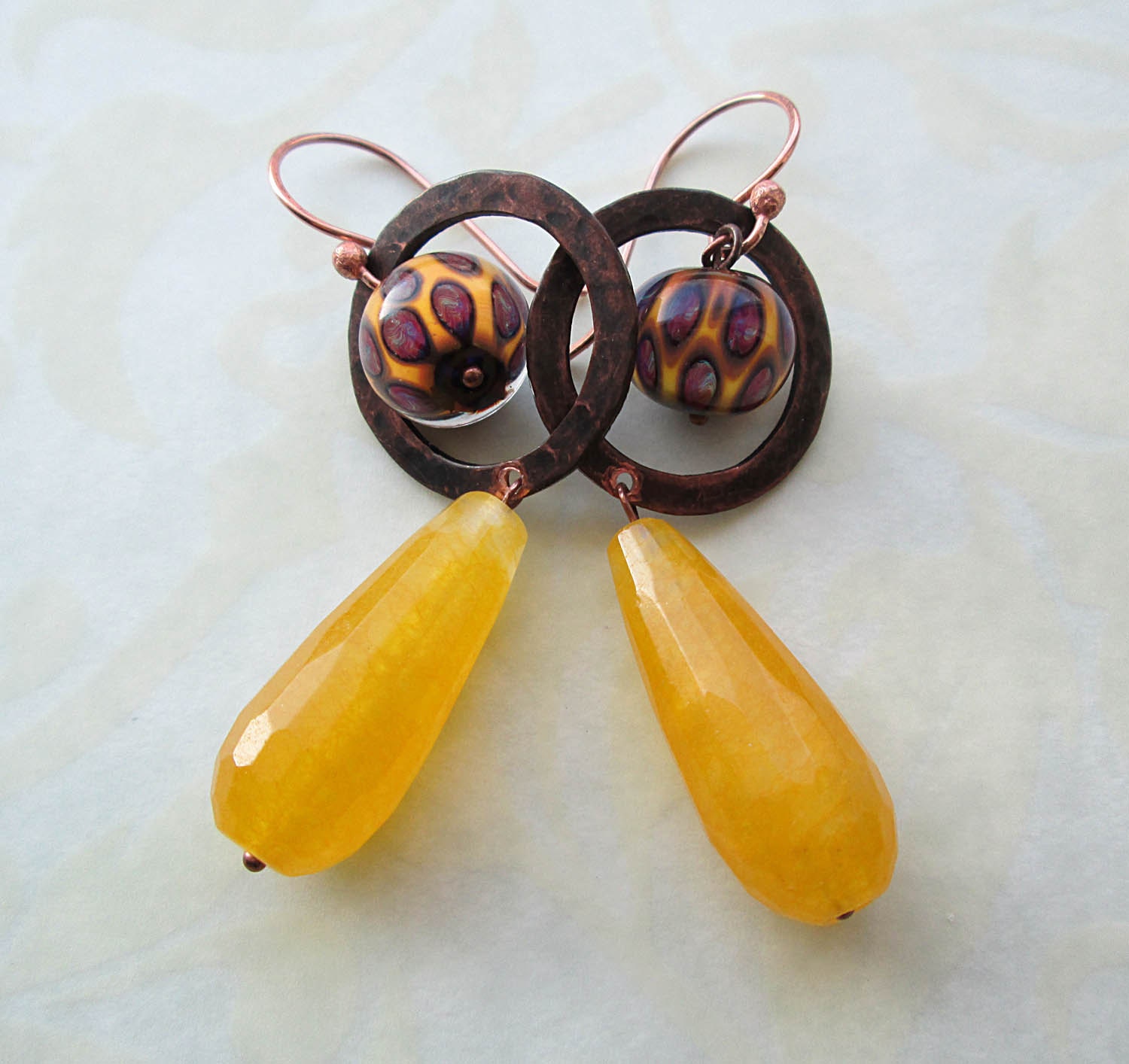 Yellow Jade Earrings, Lampwork Earrings, Rustic Earrings, Dangle Earrings, Beaded Earrings, Beadwork Earrings