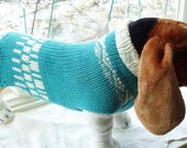 Dog Sweater Hand Knit Aqua and Cream 16.5 inches long
