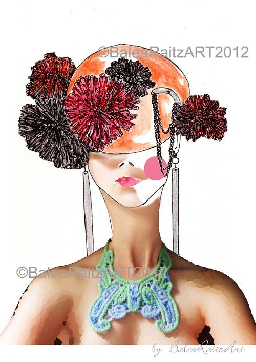 Portrait Fashion Illustration Bib Necklace and Pom Pom Hat