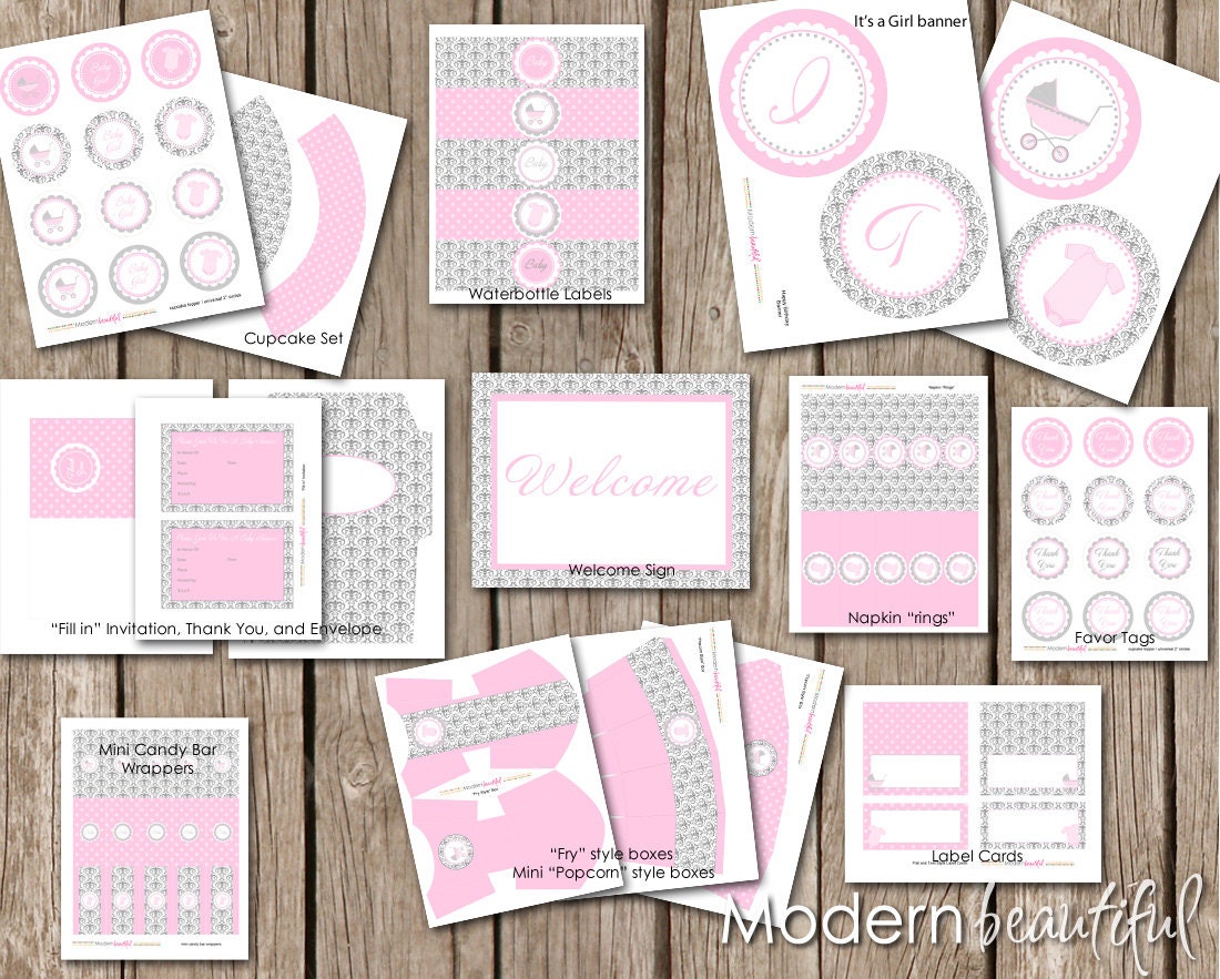 Pink and Grey Damask Baby Shower Printable Party Package Carriage and Onesie Il_570xn