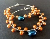 Large Wire Wrapped Hoops Royal Blue and Orange Fresh Water Pearl Combo Sterling Silver Hoop Earrings Pop of Color Funky Cute Fun