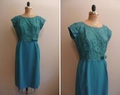 Vintage 1950s Dress 50s Lace Party Dress Teal