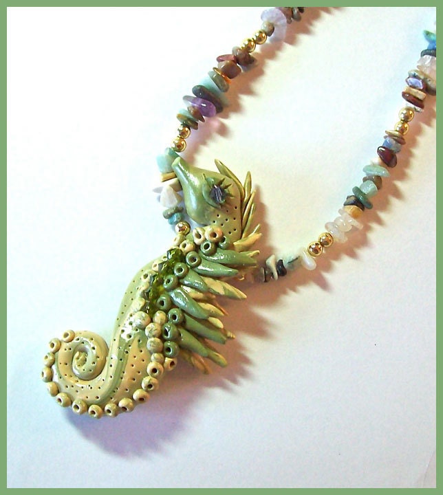 Seahorse Statement Necklace Olive Green Polymer Clay Semi Precious Stone Chips Crystals Ocean Sea Beach - PolymerPanache