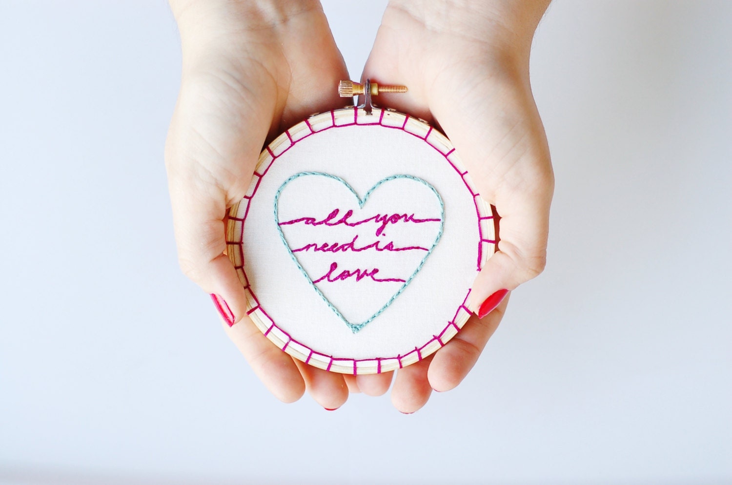 Hand Embroidered Phrase: All You Need Is Love. 4" Custom Embroidery Hoop Art. Handmade Valentine Heart. Hand Stitched by Hoopla.