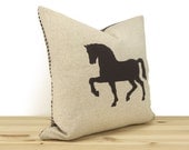 Horse pillow cover in chocolate brown and natural with houndstooth back - 16x16 decorative throw, Horse print, Pillow for couch