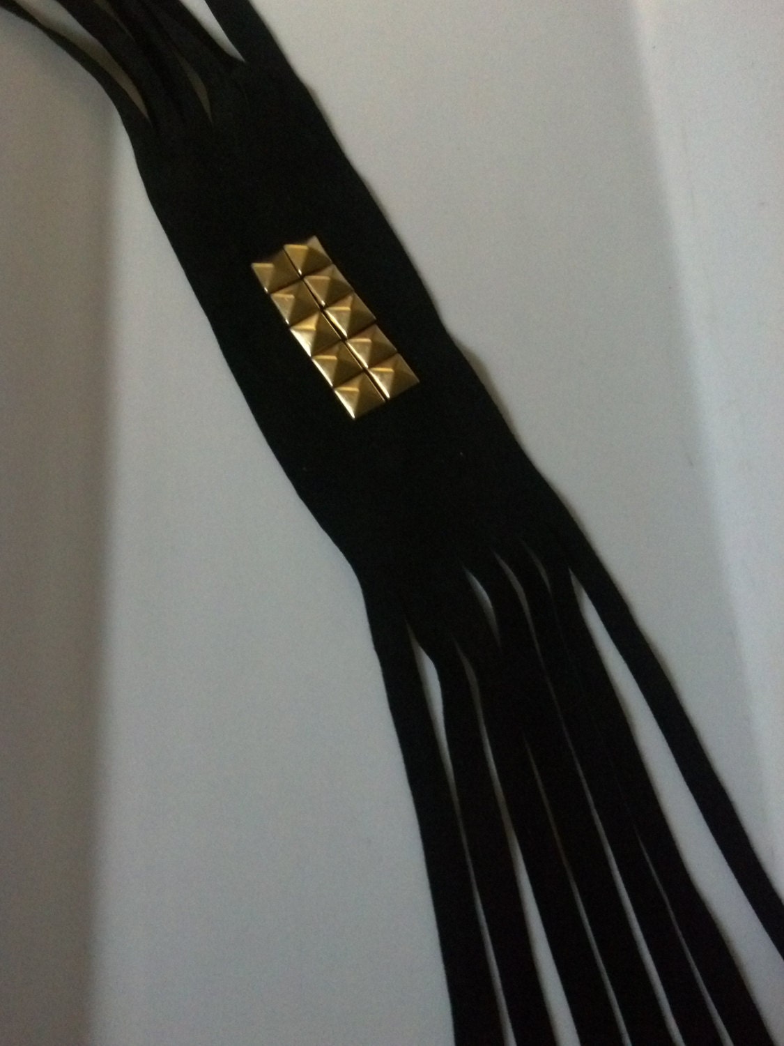 Black Leather Cuff w/ Pyramid Studs and Long Fringe