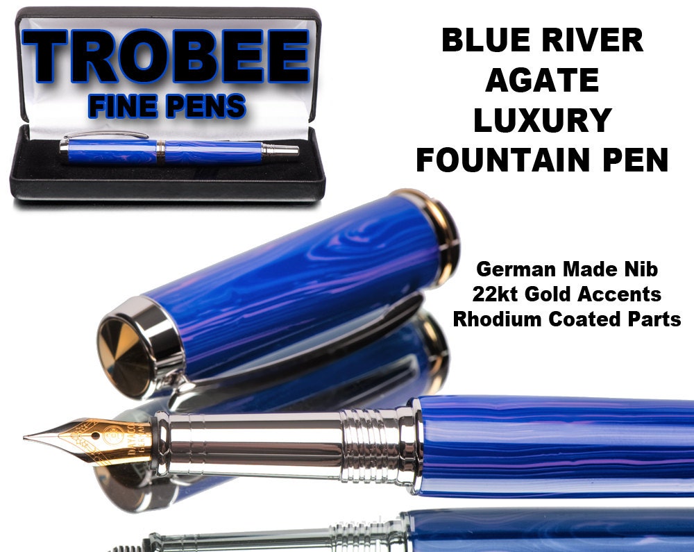 Blue River Agate Fountain Pen, collector grade, custom handcrafted, rhodium and gold