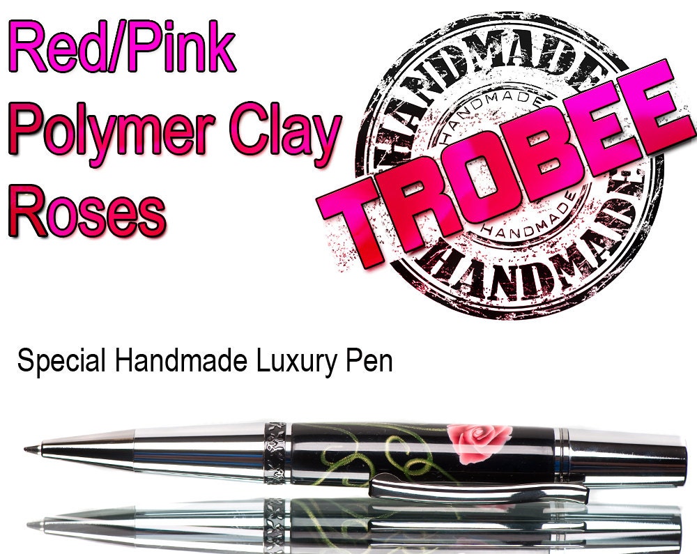 Red and Pink Polymer Clay Pen for a woman with great taste. Feautures rose flowers, Millefiori