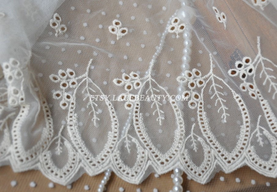 Off White Tulle Lace Trim Leaves Embroidered Mesh Lace 8.66 Inches Wide 2 yards