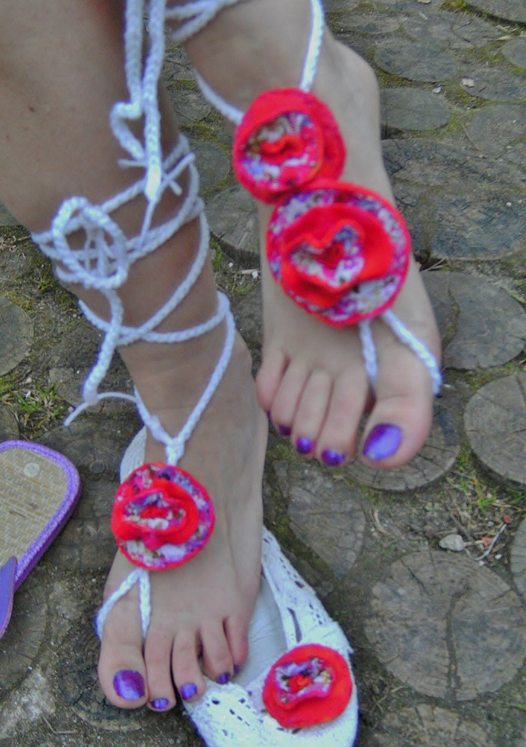 barefoot festival sandals red poppy anklet cuffs beach summer flats crochet robe flower patch flip flop