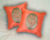 Owl Throw Pillow Set(2) in bright nectarine, pink tangerine colored 14x14 inch silk decorative pillows