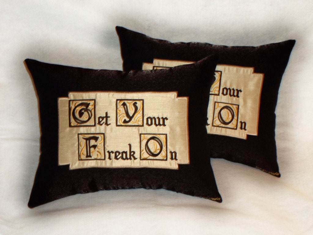 Decorative Pillow Set "Get Your Freak On" 14x18 inch brown, burgundy, gold, ivory throw pillows (set of 2) bedroom decor