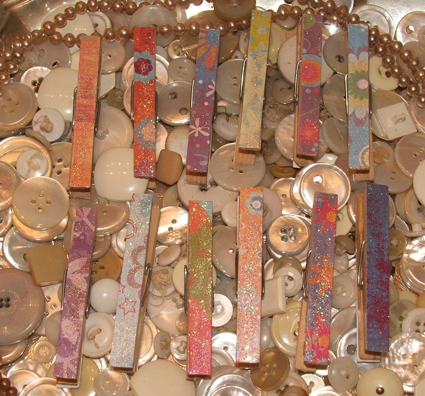 Set of 12 Decoupaged Glittered Clothes Pins - Posie Set - Rustic, Beach, Chippy Cottage, French Country, Wedding