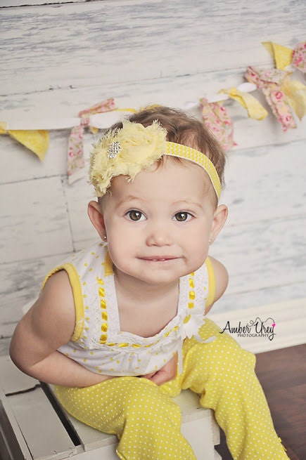 Yellow Double Shabby Flower Chevron Headband - Shabby Chic Headband Rhinestone Newborn Baby Girl Headband