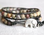 New Picasso Jasper Boho beaded leather wrap bracelet, 2x Wrap, Good Luck elephant, Chan Luu style, brown, black, cream